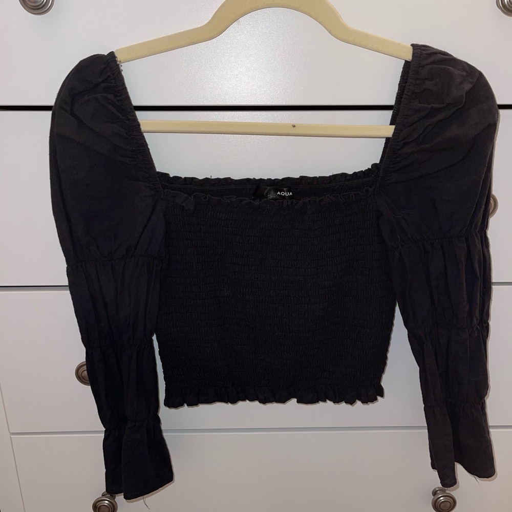 AQUA Black Smocked Cropped Puff Sleeve Top